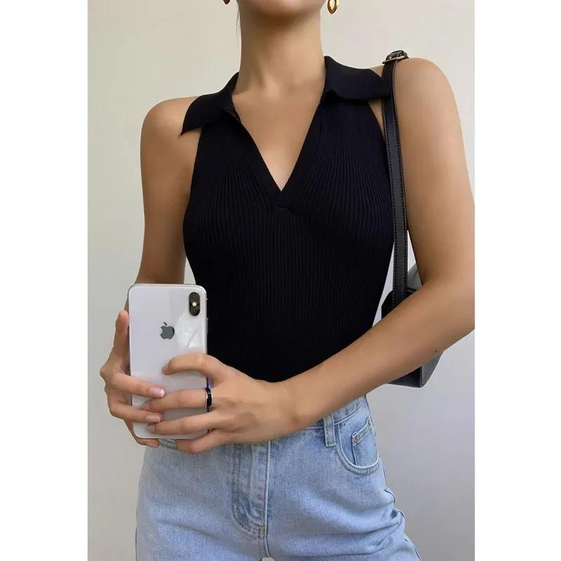 Women's Sleeveless Polo Neck Ribbed Knit Crop Top Slim Fit Casual Solid Color Tank Top