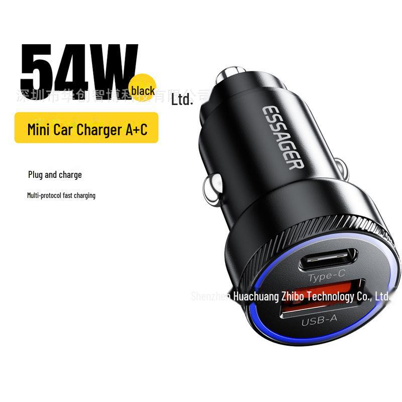 

ESSAGER 54W Автомобильное зарядное устройство с двумя портами - Быстрая зарядка PD для мобильных устройств чёрный