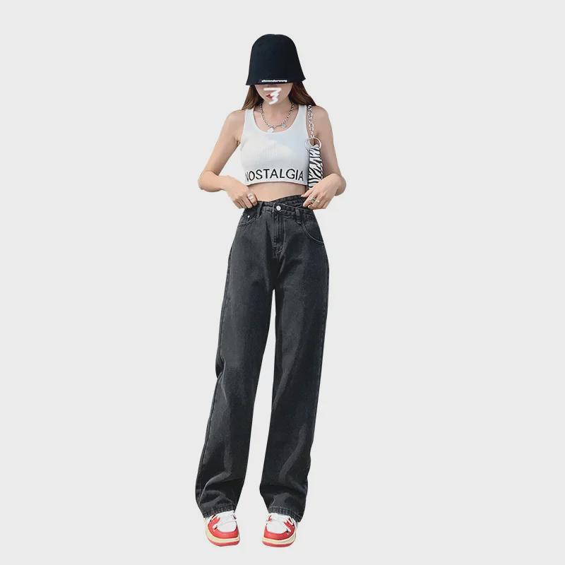 Women's Black & Gray Wide-Leg Jeans: Spring 2023 Loose High-Waist Straight Trendy Pants
