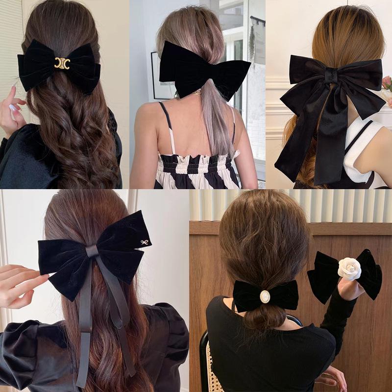 Elegant French Red and Black Velvet Bow Hairpin for Women