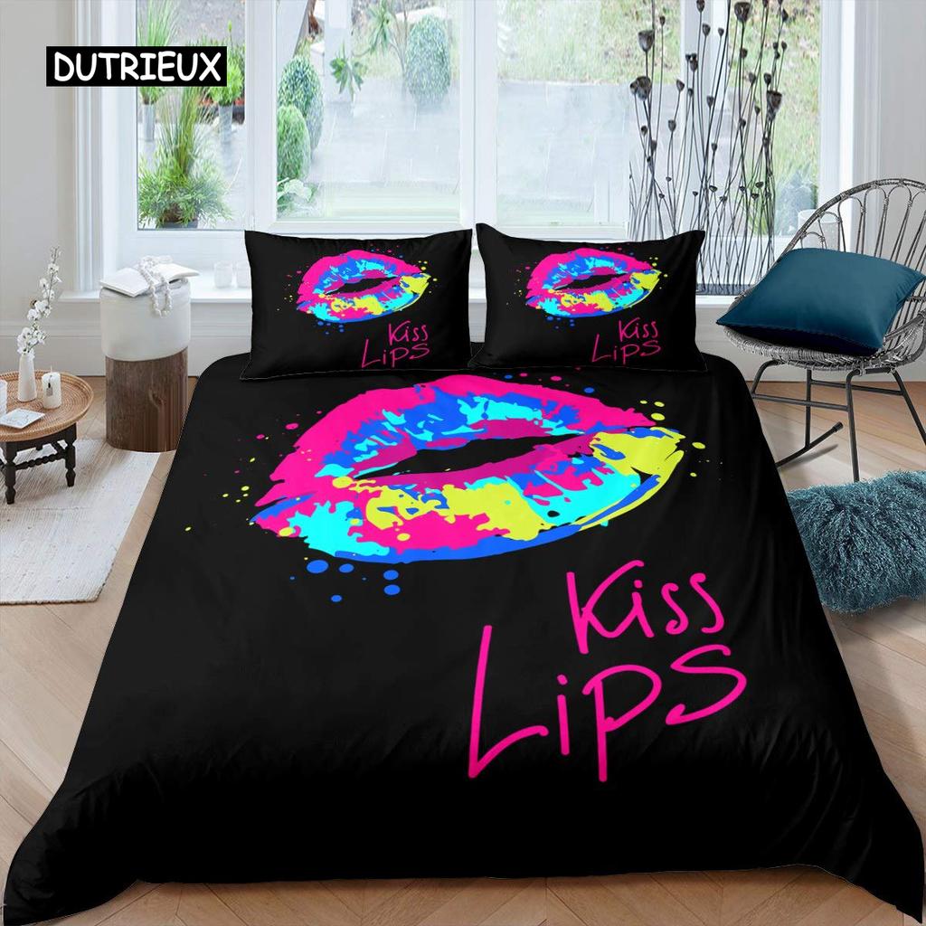 Lip Duvet Cover Pink and Gray Lips Kissing Pattern Comforter Cover Sexy Theme King Size Twin Bedding Set for Women Girls Lovers