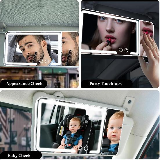Car Sun Visor Makeup Mirror, Equipped With 3X Magnifying Glass And Three-Color Adjustable Brightness Soft Light Mirror, Rechargeable, Suitable For