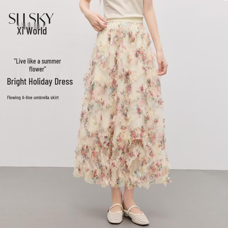 Sllsky Floral Mesh Tiered Skirt 2XL абрикосовый цветочный