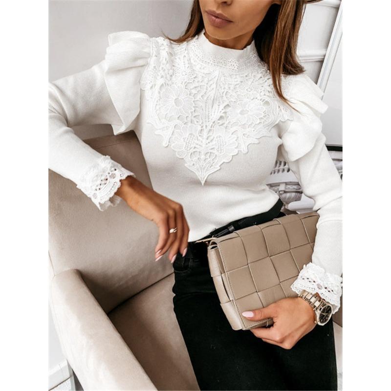 Women's New Autumn and Winter Long-sleeved Round Neck Lace Decoration Solid Colour Bottoming Shirt