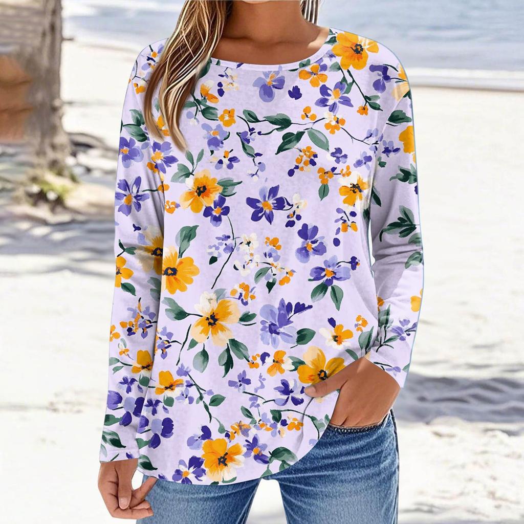 Women's Fashionable Casual Printed Long Sleeved Round Neck Top Round Neck Top Top