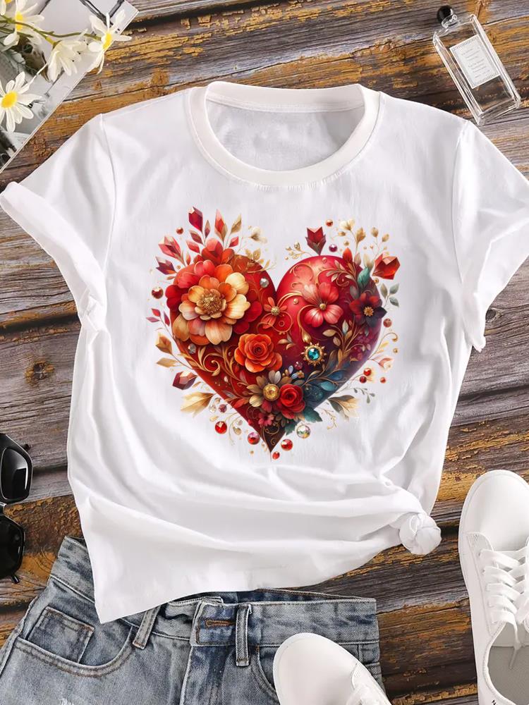 (Asian Size) trend love heart flower T-shirts Printed Clothing Lady o-neck Short Sleeve Female Top Casual T Shirt Fashion Women Graphic Tee