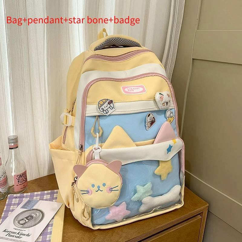 Color Fashion Blocked Cat Ear Design Student Backpack With Pendant And Badge
