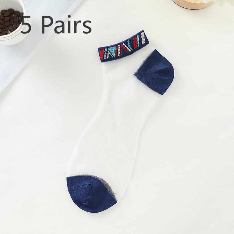 

5 пар мужских летних тонких носков-трубок из ледяного шелка, стеклянного шелка, нескользящих, устойчивых к зацепкам, из шелка, хрустального шелка, прозрачных 5 Pairs синий/белый