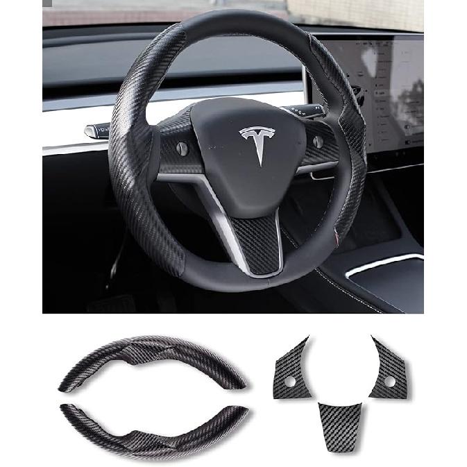 Tesla Model 3/Y Steering Wheel Cover, Carbon Fiber Steering Wheel Wrap Stickers For Tesla Model 3 Model Y 2017-   2024 Interior Accessories, Black