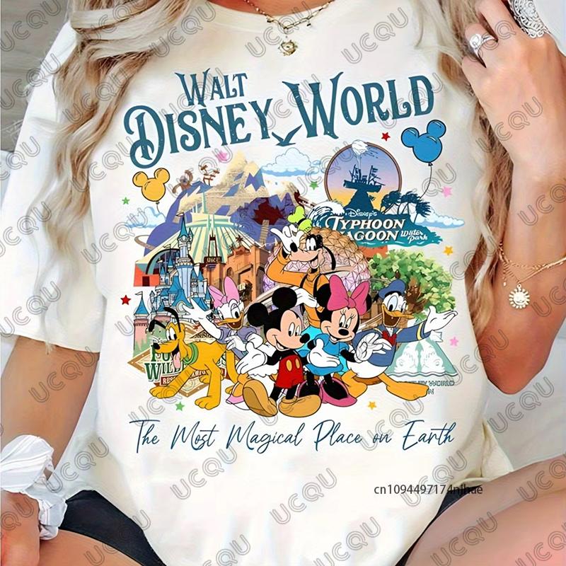 The Disney Mickey Family Graphics Print Tshirt For Women Summer New Short Sleeve Cotton Tees Casual Streetwear Couple Tops