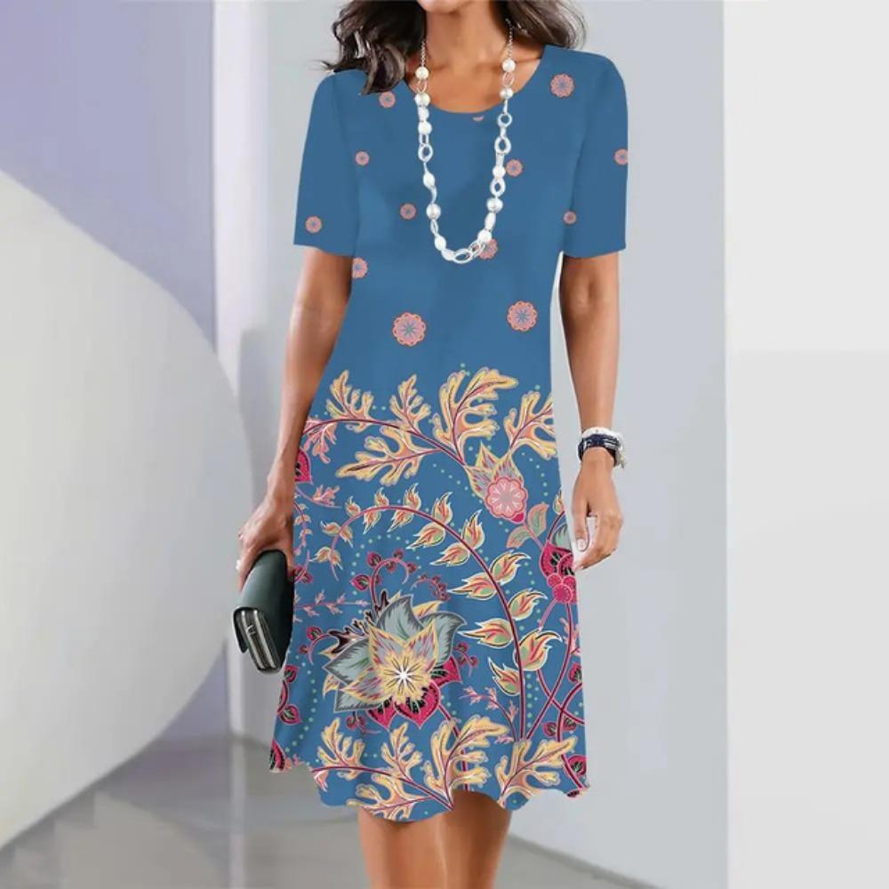 Autumn Women Flower Print Pullover Dress Tops Retro Short Sleeves Elegant Party Dress Beautiful Clothes Fashion Vestidos