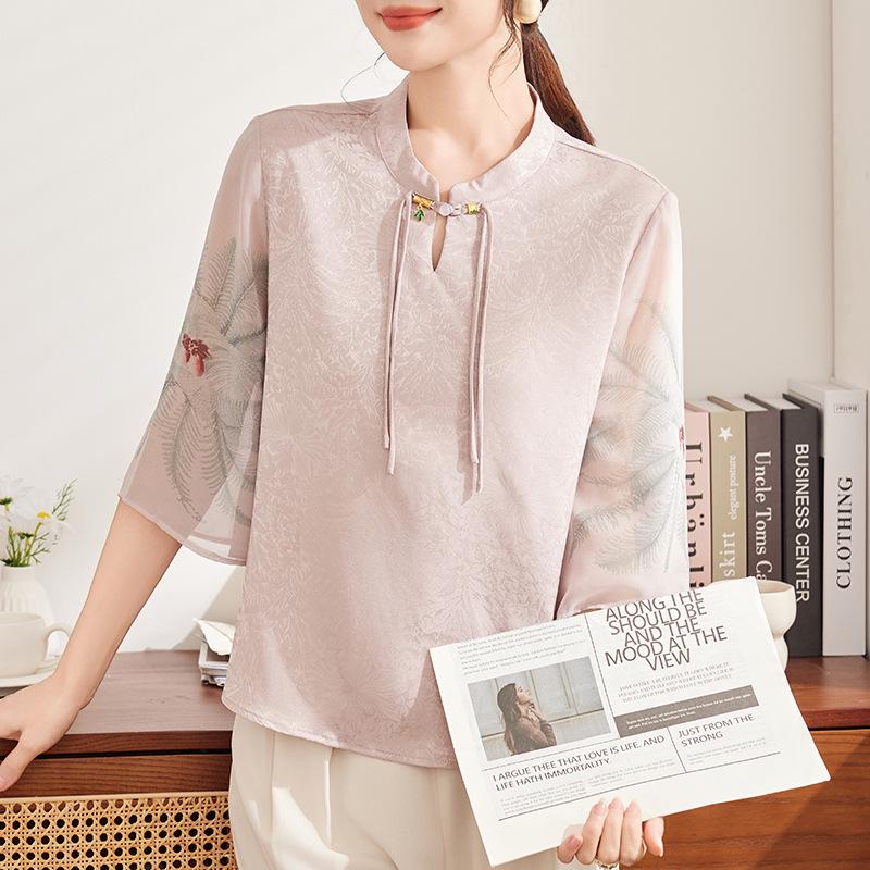 Mom's Stylish Chinese Stand Collar Chiffon Top for Spring/Summer - Seven-Sleeve Blouse for Middle-Aged & Elderly Women