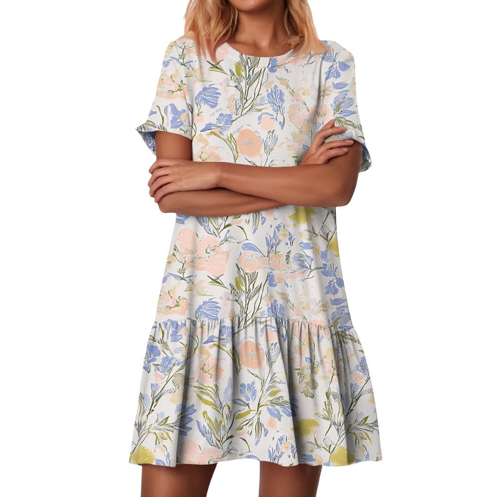 Women's Fashion Casual Round Neck Short Sleeve Ruffled Vintage Printed Dresses