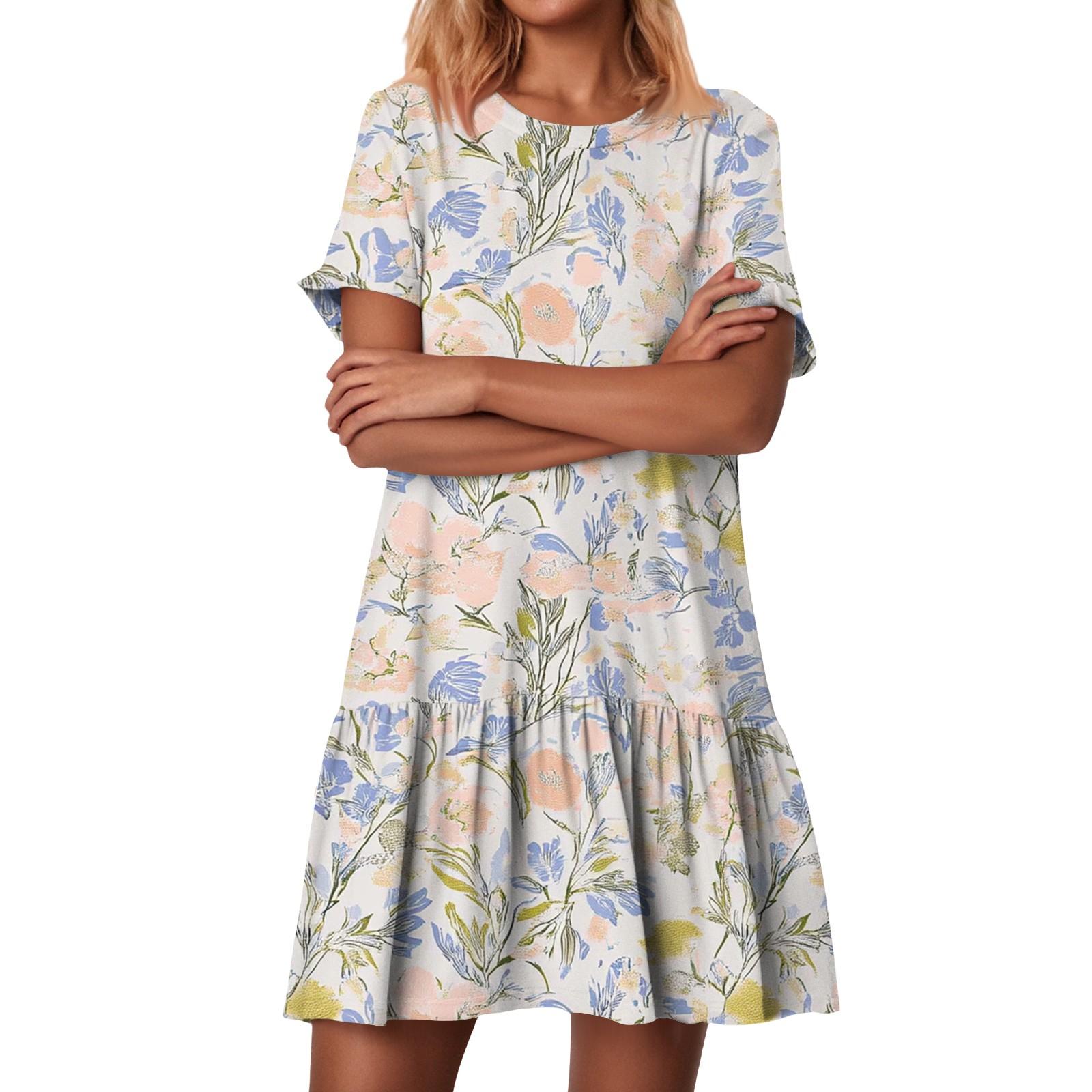 

Women s Fashion Casual Round Neck Short Sleeve Ruffled Vintage Printed Dresses S