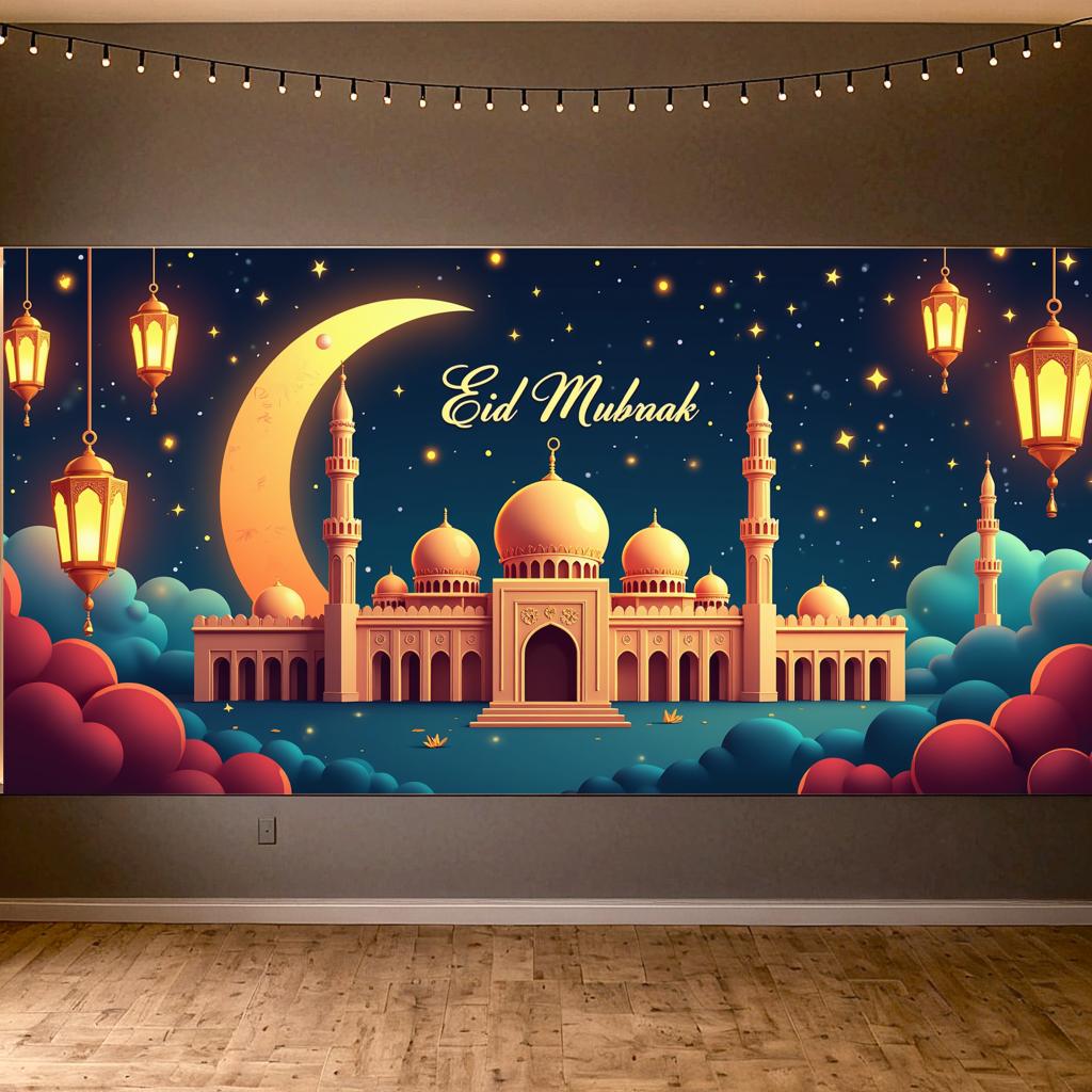 Eid Mubarak Backdrop Starry Mosque Night Lantern Decoration Banner Ramadan Event Celebration Background Islamic Festival Decor