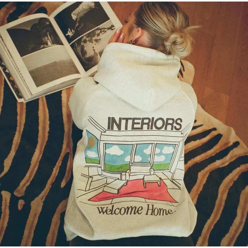 Kvinner Tykk Langermet Høst og Vinter O-Hals Hettegenser Vintage Blomsterprint Mote Løse Sweatshirts med Lomme