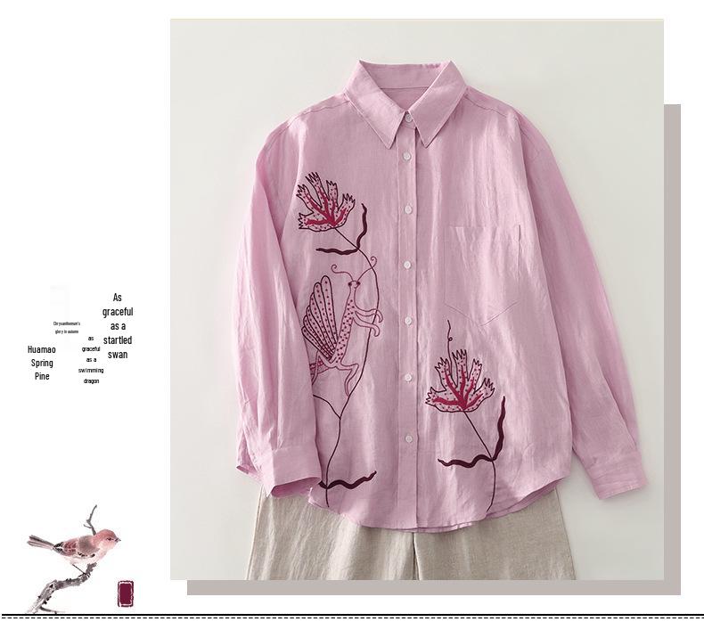 Spring Luxury French Chic Pink Embroidered Long-Sleeve Women's Shirt