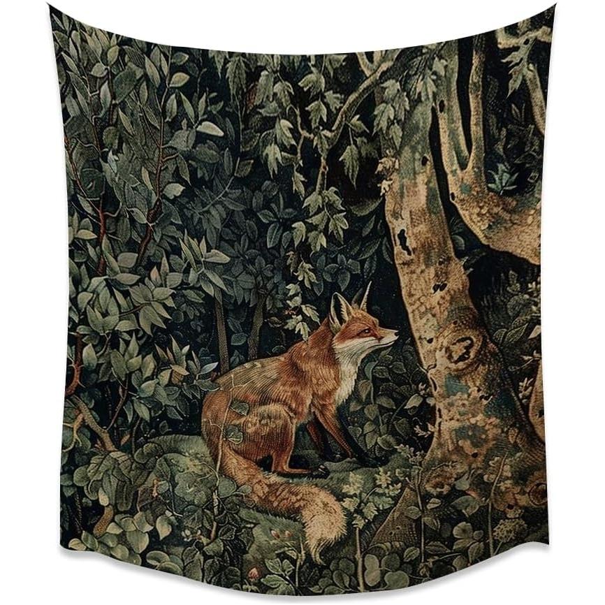 Vintage wall art tapestry featuring a forest fox 75x100