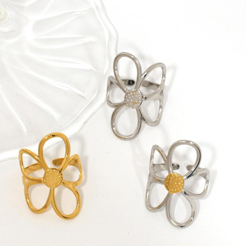 High-End Stainless Steel Mixed Gold & Silver Hollow Flower Ring for Women