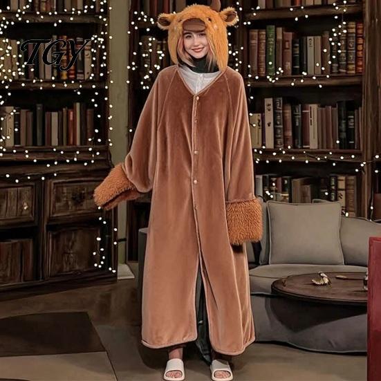 Versatile Pajama Cloak Halloween Wearable Blanket Hoodie, Cozy Hooded Highland Cow Cape, Soft Plush Sloth Black Cat for Women Home Loungewear