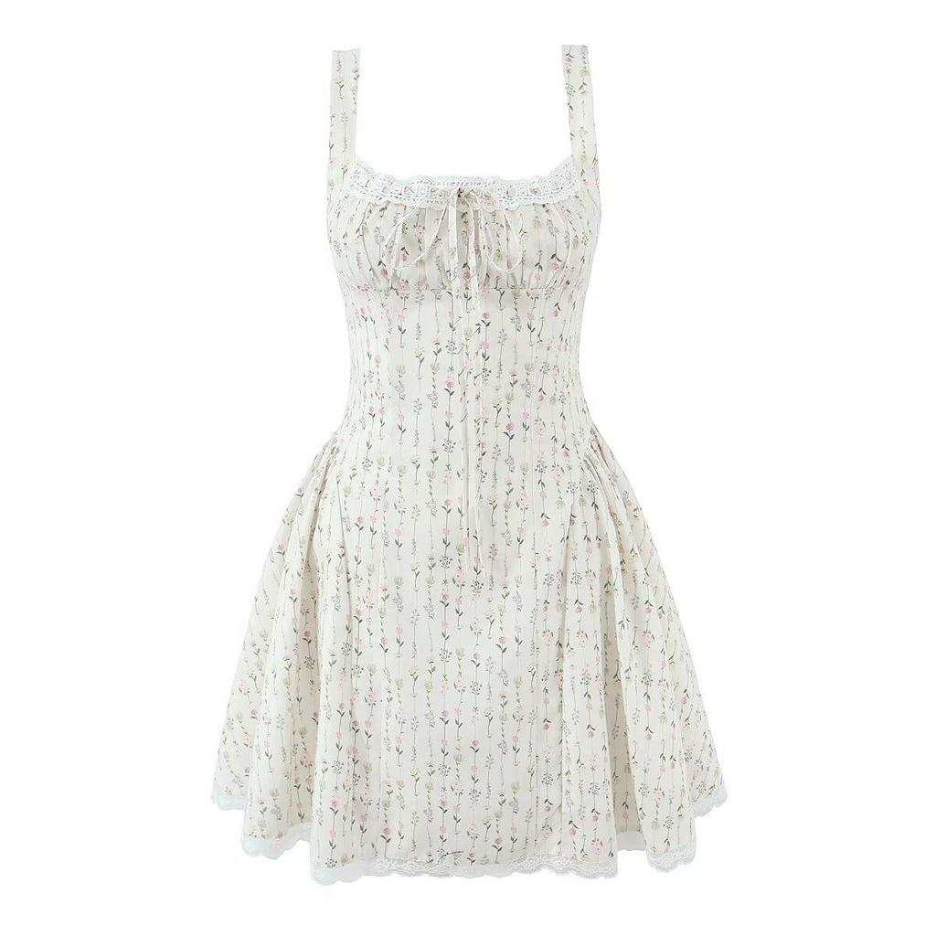 Hepburn Floral Lace-Trimmed Spaghetti Strap A-Line Dress Women's Slim-Fit Summer Short Skirt