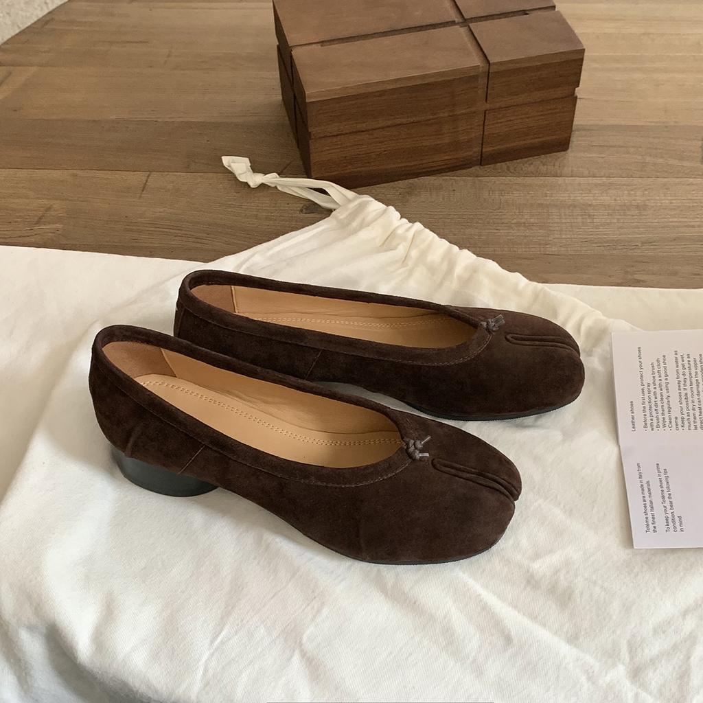 Sheepskin~ Grape Ma Same 4cm Genuine Leather Pig's Trotters High Heels Women's Pleated Ballet Light Mouth Single Shoes Thick Heel Split Toe Shoes