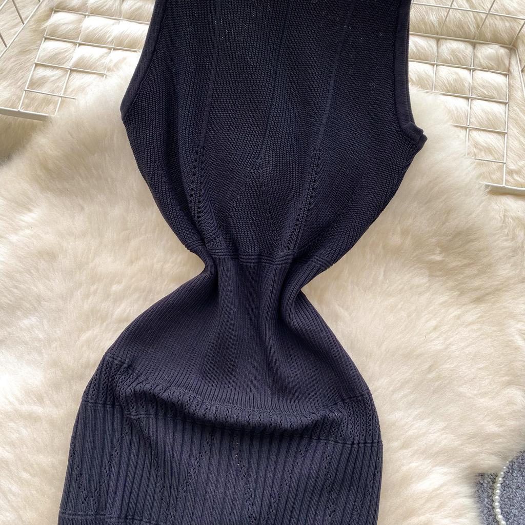 Verano Mujer Cuello con Cuentas Suéter de Punto sin Mangas Y2K Mini Corto Ajustado Vestidos de Vaina