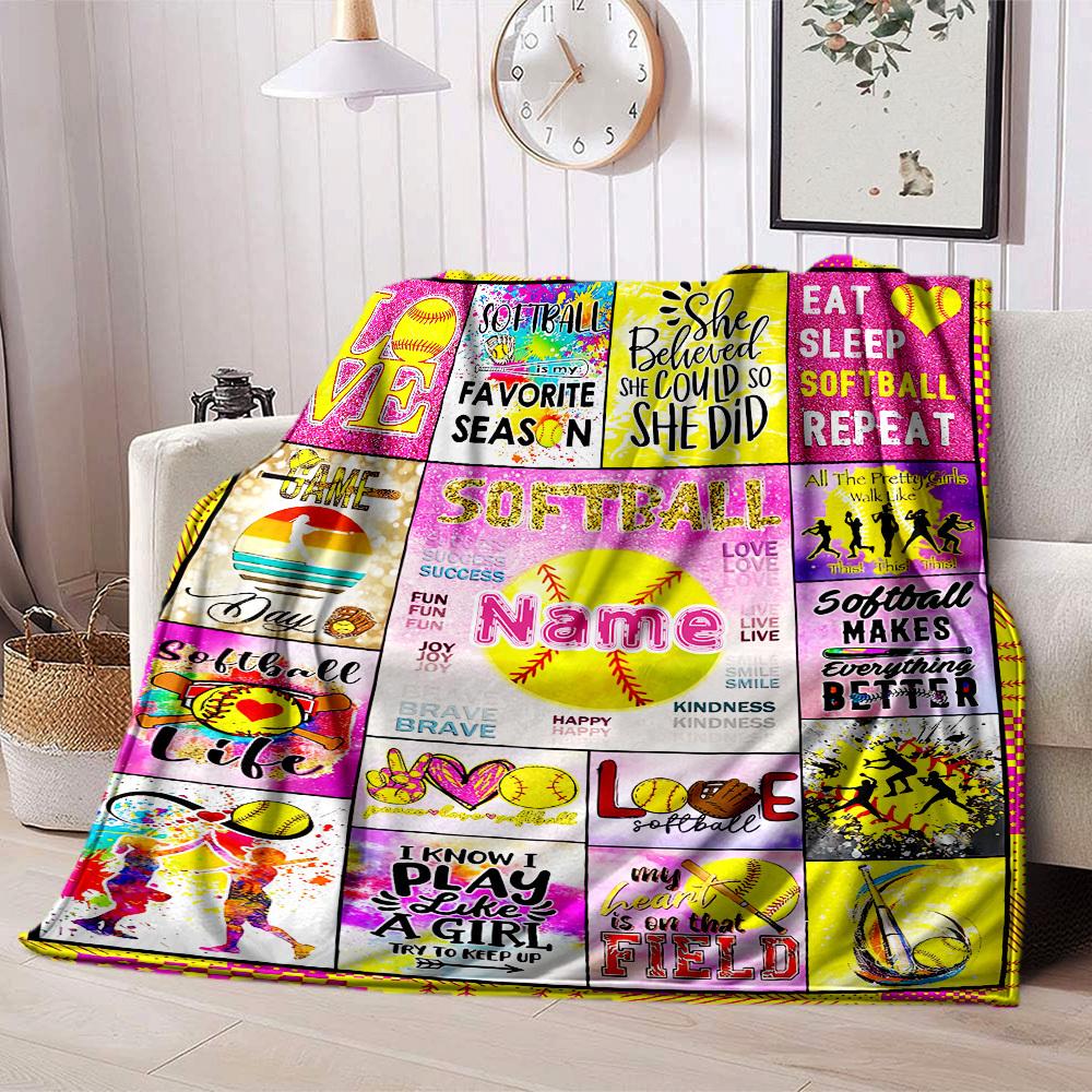 Softball Theme Home Customize Your Name Blanket Comfortable Soft Lightweight Allseason Multipurpose Blanket For Picnics Couches Offices Beds Living