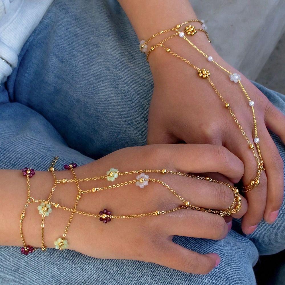Colorful Crystal Beads Finger Bracelet Stainless Steel Finger Ring Chain Link Chain Bracelet Beach