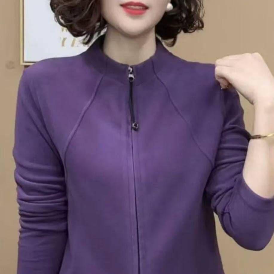 

Temperament versatile bottoming top 2025 spring and autumn clothing versatile and thin new zipper stand-up collar long-sleeved cardigan 5XL фіолетовий