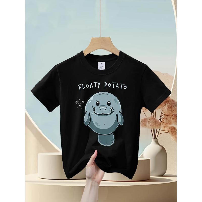 

European sizes Funny Manatee Sea Animal Print Fashion Versatile Crew Neck T Shirt, Short Sleeve T Shirt 164cm