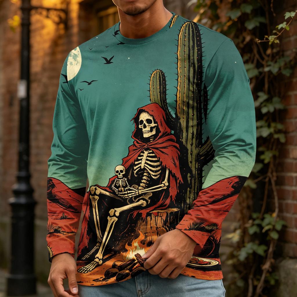 Men's Halloween Print Fashion Neck Long Sleeve T-Shirt