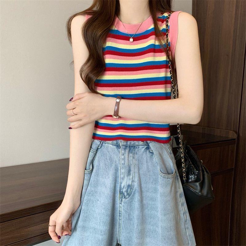 Women's Dopamine Rainbow Stripe Camisole Knit Top Summer Gorgeous Beautiful High-end Sleeveless Small Vest Outer Wear