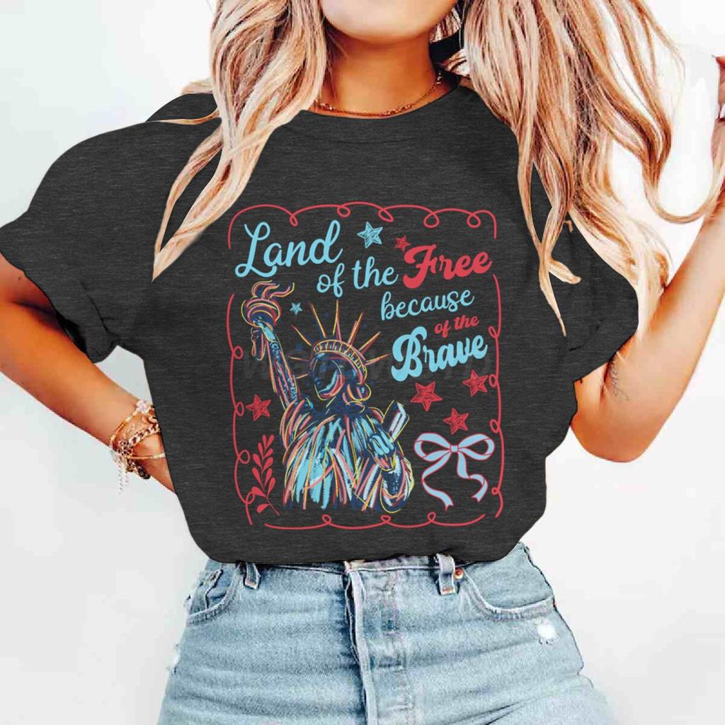 Terra dei Liberi Grazie ai Coraggiosi Magliette Maglietta del 4 Luglio Manica Corta Divertente Casual Top Estivi Abbigliamento Donna