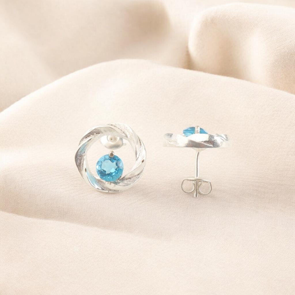 Natural Swiss Blue Topaz Silver Stud Earrings 925 Solid Silver Handmade Earrings CE-13-5