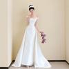 One-word Shoulder Light Wedding Morning Gown Bride Satin Small Trailing Flower Engagement Dress Light Luxury Elegant White Dress
