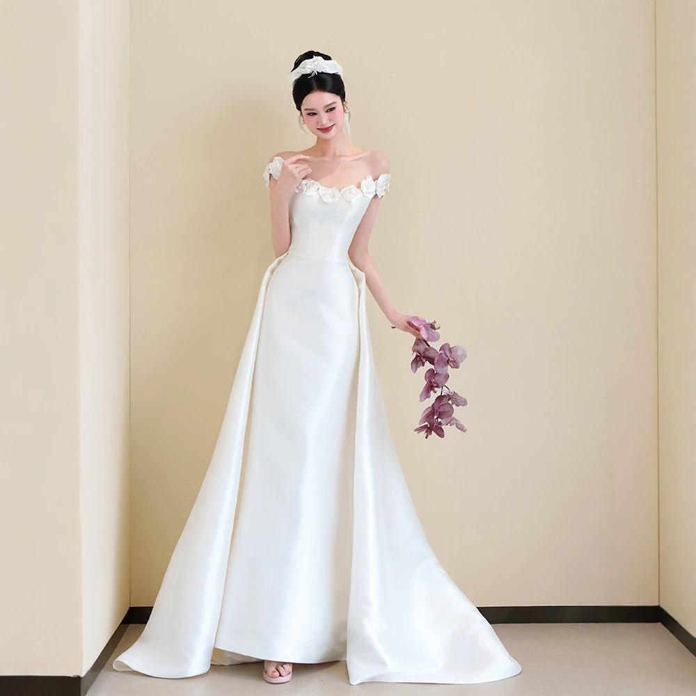 One-word Shoulder Light Wedding Morning Gown Bride Satin Small Trailing Flower Engagement Dress Light Luxury Elegant White Dress