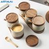 JUSTINLAU Ceramic Seasoning Jar Japanese Spice Container with Bamboo Lid Spoon Home Oil Pot Seasoning Bottle Tray Kitchen Tools