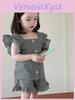 Adorable Baby Summer Outfit Two Piece Set Cute Cartoon Short Sleeve Cotton Top And Shorts For Infants In Black And Coffee Plaid Pattern