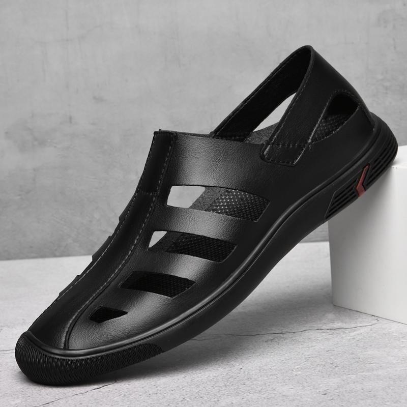 Fashion Casual Outdoor Sandals Split Leather Men Summer Vacation Beach Non-Slip Hollow Out Shoes Comfort Soft Sole Retro Style Sandals