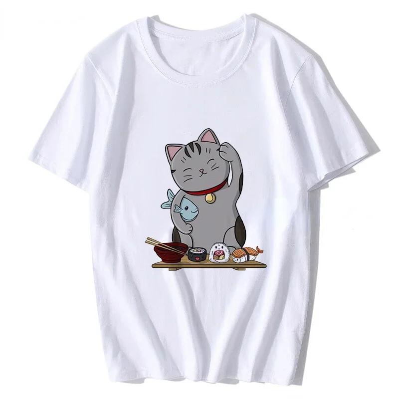 Japanese Cat Anime Neko RaUnisex T Shirt Unisex Women Aesthetic Loose Breathable Vintage Tshirt Harajuku Streetwear Camisetas Hombre