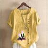 Women's Fashion Round Neck Short Sleeve T-shirt Casual Cotton Linen Graphic Shirt Leisure Loose Flowers Prined Summer Blouse Tops