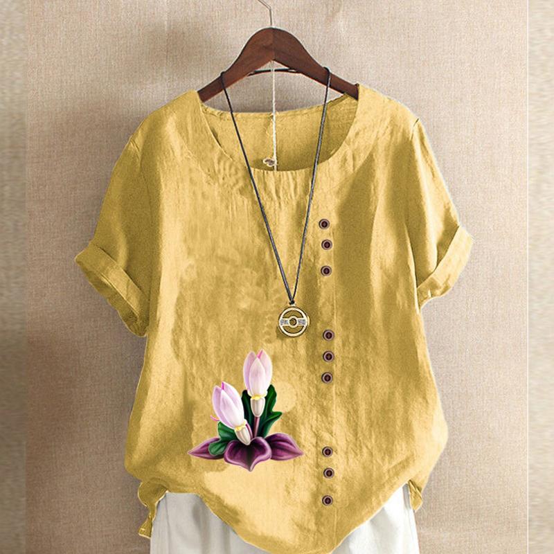 Women's Fashion Round Neck Short Sleeve T-shirt Casual Cotton Linen Graphic Shirt Leisure Loose Flowers Prined Summer Blouse Tops