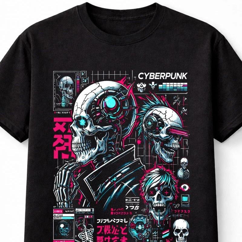 Cyberpunk Skull Android Hacker Japanese Anime Graphic Unisex TShirt S