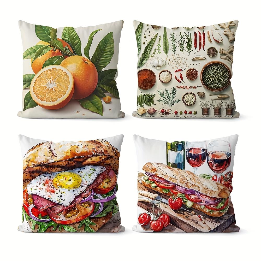 Kitchen & Food Theme Throw Pillow Covers, Watercolor Orange Spice Sandwich Wine Print Cushion Cases Rustic Food Lover Home Decor