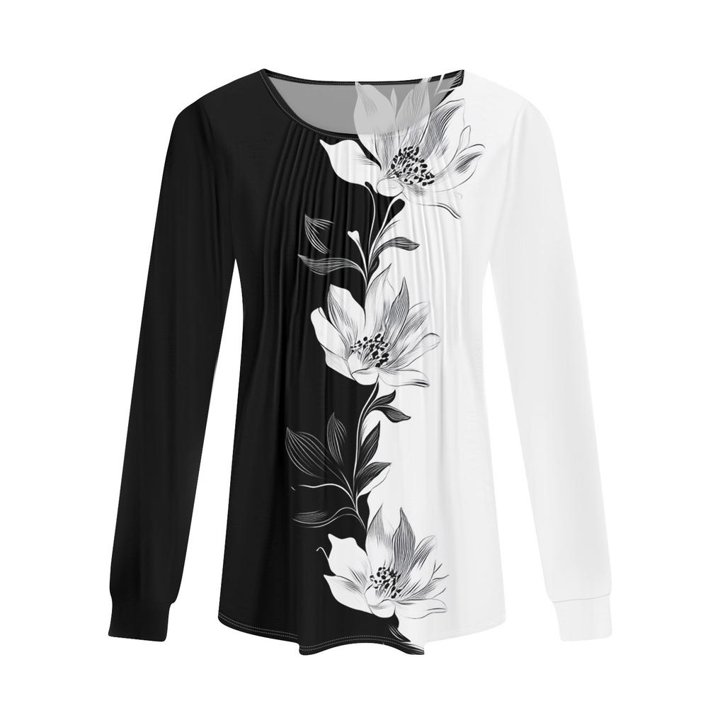 Women's Fashion Casual Pleated Round Neck  Print Long Sleeve T-Shirt Top