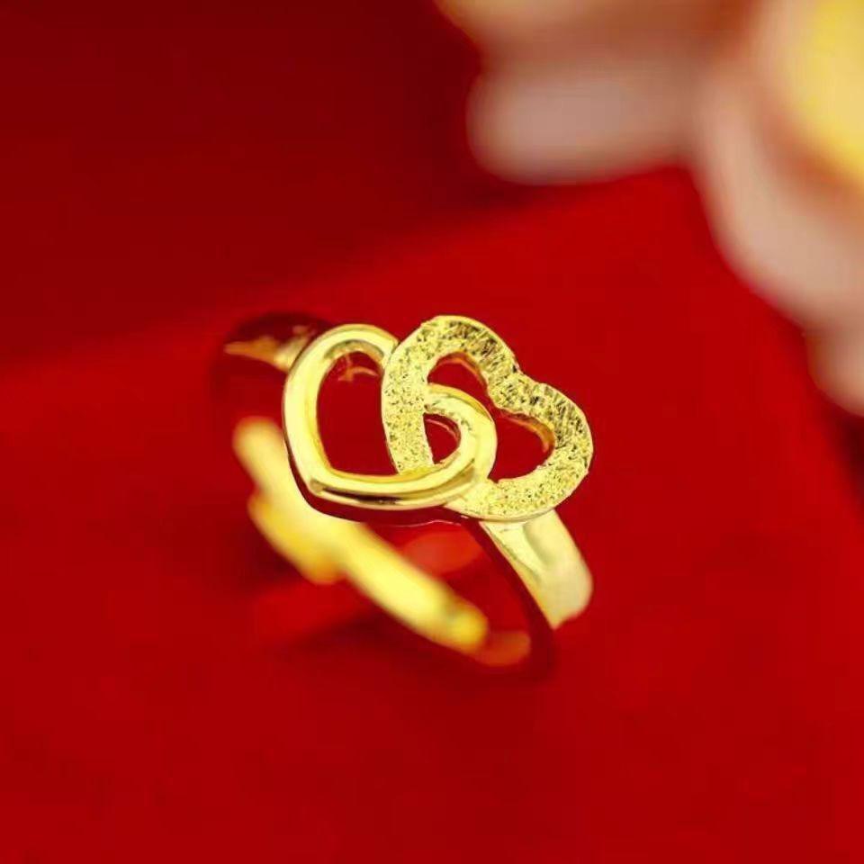

Copper Plated Sand Gold Adjustable Double Heart Ring - Elegant Gift for Women