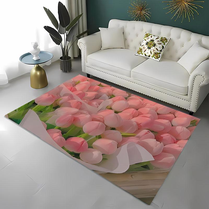 Krásný 3D tištěný koberec s tulipány do obývacího pokoje, ložnice Alfombra Protiskluzový měkký kusový koberec Pohovka Vstupní rohožka Domácí rohožka Dekor Tapete