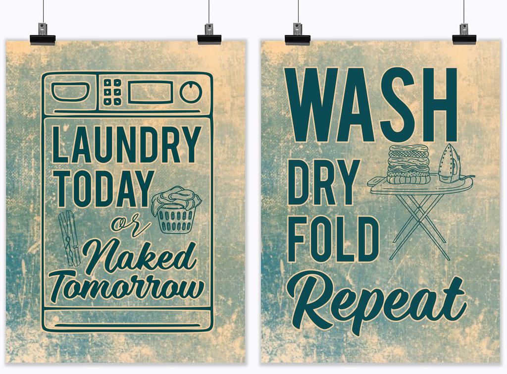 Inkdotpot 2 Piece Laundry Signs for Laundry Room Decor Wash Dry Fold Repeat Poster With Frame, Laundry Room Wall Art Signs Framed