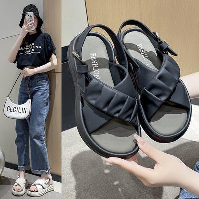Sommer-Hausschuhe für Damen mit gekreuzten Riemen, flache, dicke Sohle, runde Zehenpartie, vielseitige Sandalen im koreanischen Stil für Damen
